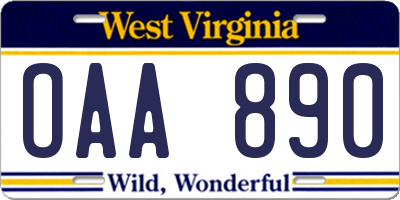 WV license plate OAA890
