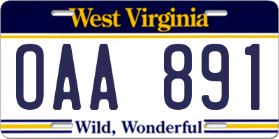 WV license plate OAA891