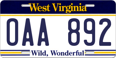 WV license plate OAA892