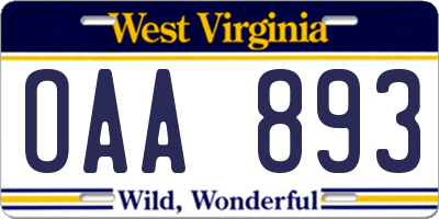 WV license plate OAA893