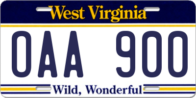 WV license plate OAA900