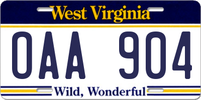 WV license plate OAA904