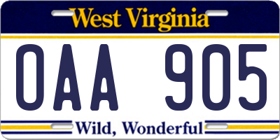WV license plate OAA905