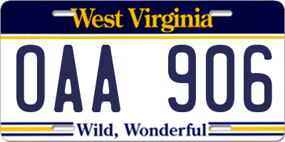 WV license plate OAA906