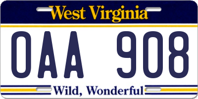 WV license plate OAA908