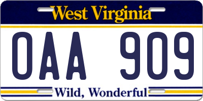 WV license plate OAA909