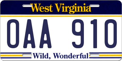 WV license plate OAA910