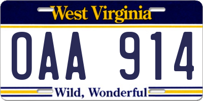 WV license plate OAA914