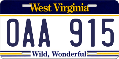 WV license plate OAA915