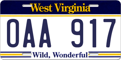 WV license plate OAA917