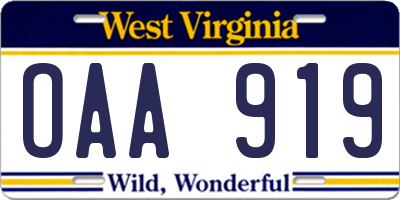 WV license plate OAA919