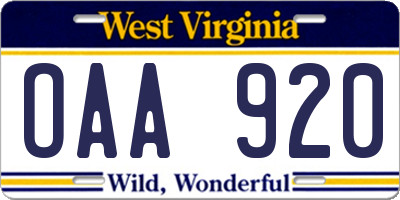 WV license plate OAA920