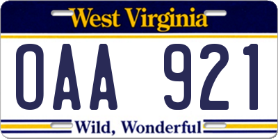WV license plate OAA921