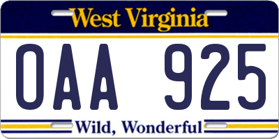 WV license plate OAA925