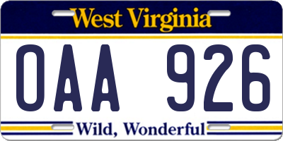 WV license plate OAA926