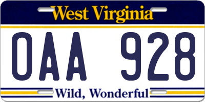 WV license plate OAA928