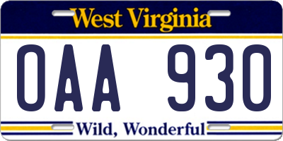 WV license plate OAA930
