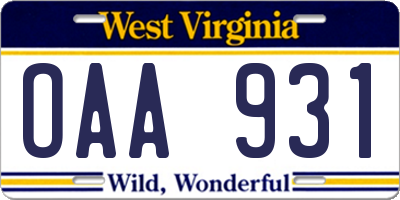 WV license plate OAA931