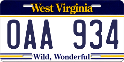 WV license plate OAA934