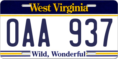 WV license plate OAA937