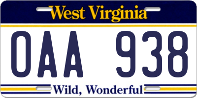 WV license plate OAA938