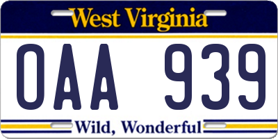 WV license plate OAA939