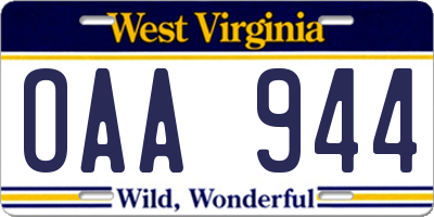 WV license plate OAA944