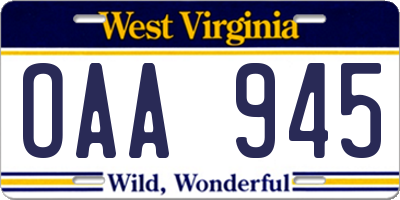 WV license plate OAA945