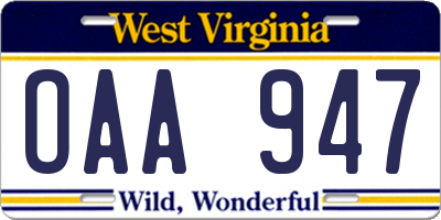 WV license plate OAA947