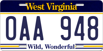 WV license plate OAA948