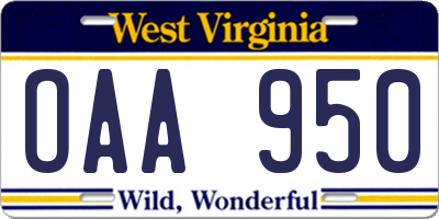 WV license plate OAA950