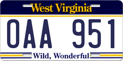 WV license plate OAA951