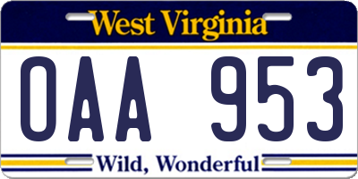 WV license plate OAA953