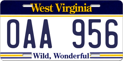 WV license plate OAA956