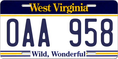 WV license plate OAA958