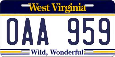 WV license plate OAA959