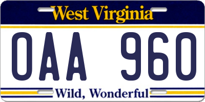 WV license plate OAA960