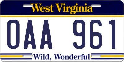 WV license plate OAA961