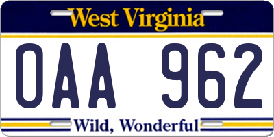 WV license plate OAA962