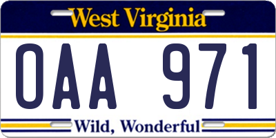 WV license plate OAA971