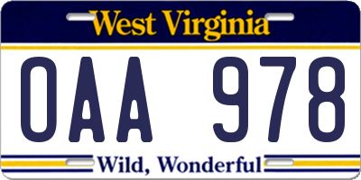 WV license plate OAA978