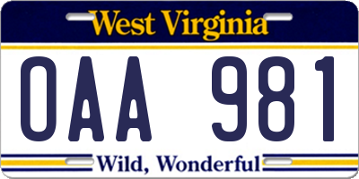 WV license plate OAA981