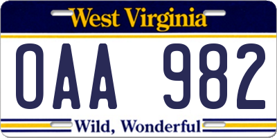WV license plate OAA982