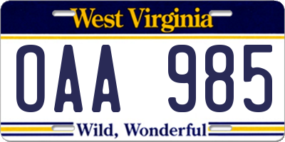WV license plate OAA985