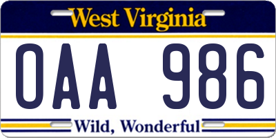 WV license plate OAA986