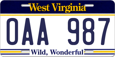 WV license plate OAA987
