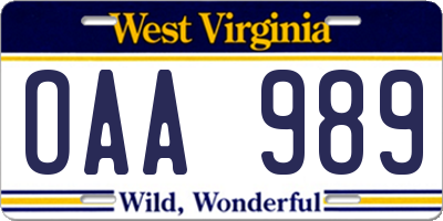 WV license plate OAA989