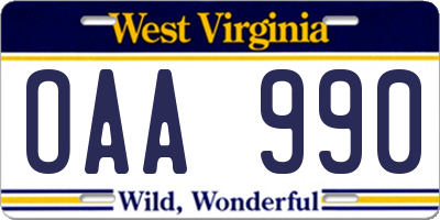 WV license plate OAA990