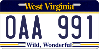 WV license plate OAA991