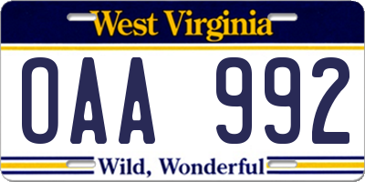 WV license plate OAA992